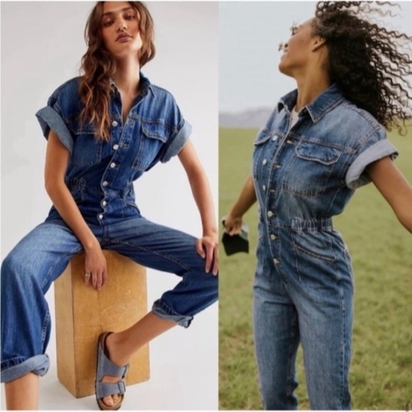 Free People Marci Jumpsuit Denim Overalls High Noon Blue We The Free size small - Picture 15 of 15
